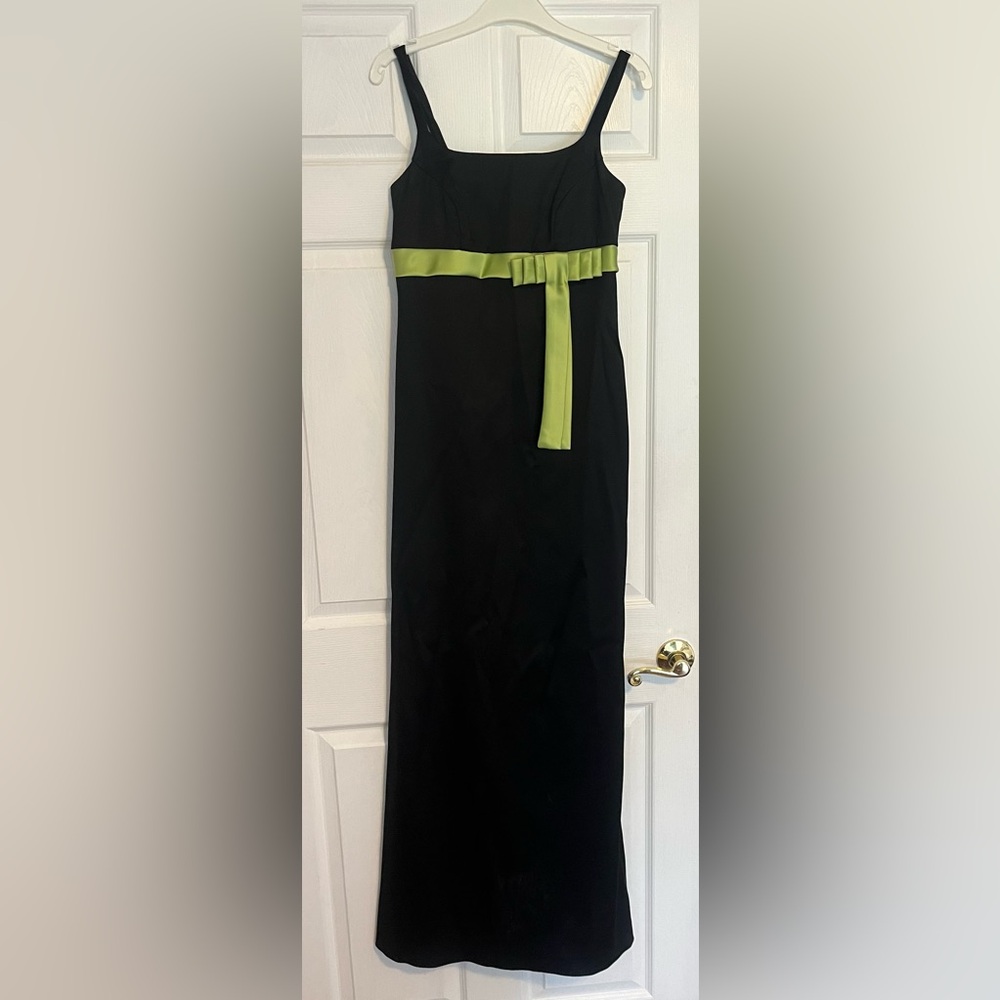 Black satin dress with olive sash
